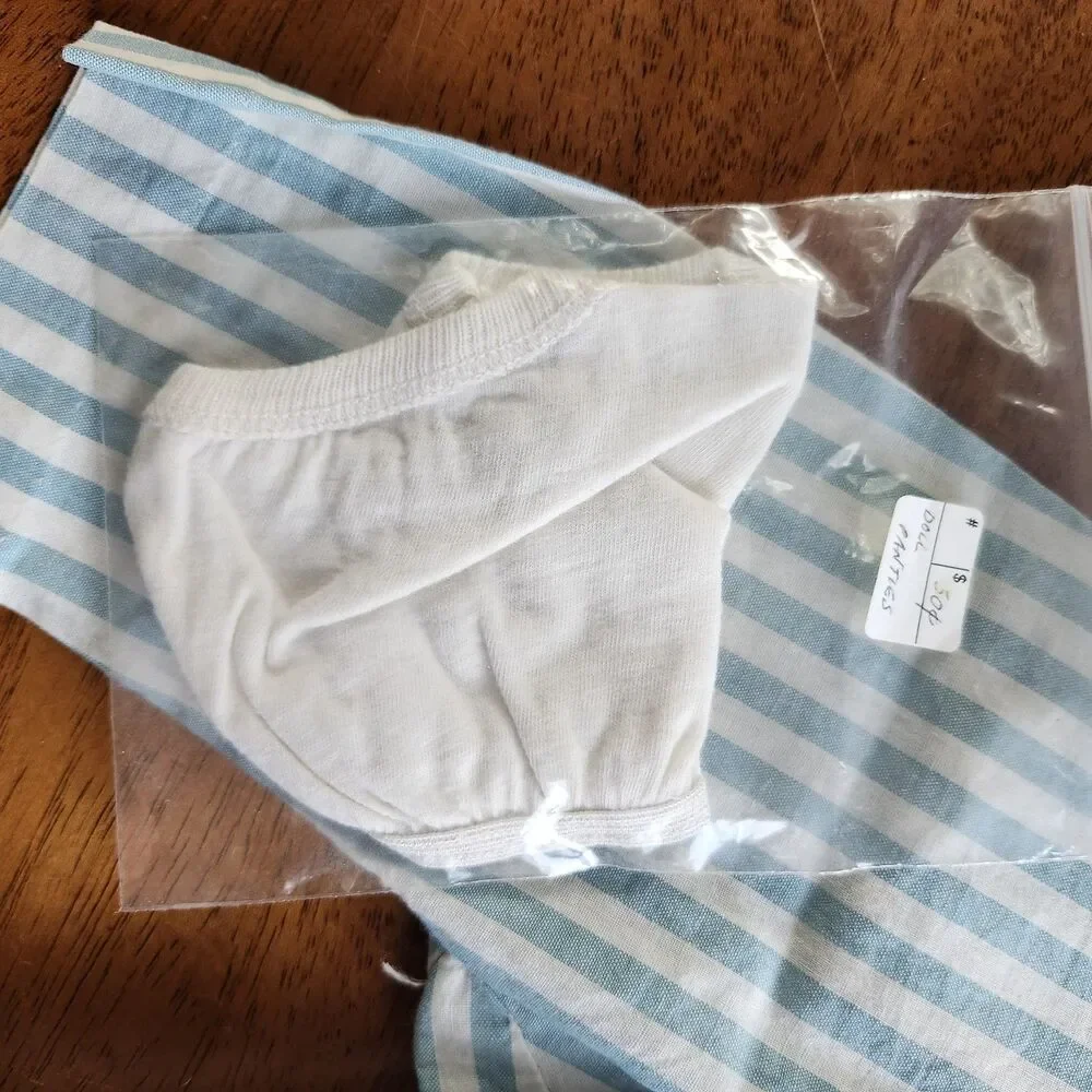 Vintage Style Doll Clothes Lot Blue Striped Romper White Panties Apron Socks